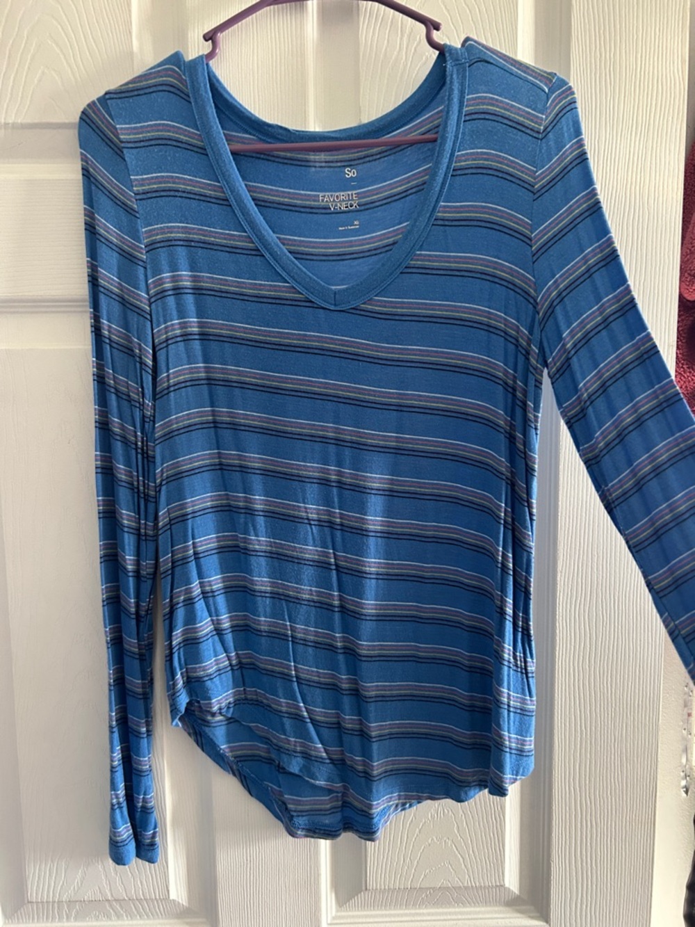 SO Blue Striped V-Neck Long Sleeve Top